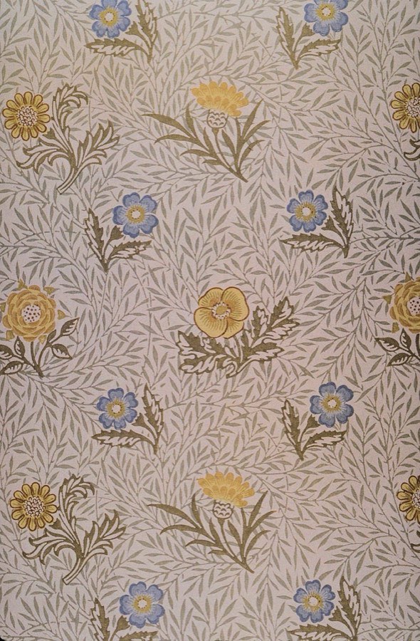 Powdered floral wallpaper with scattered yellow and blue flowers