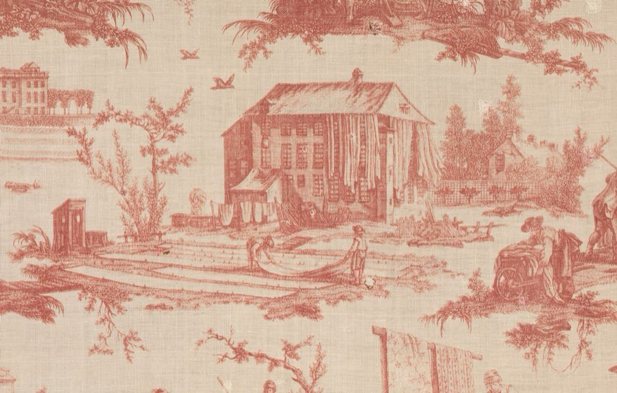 Red toile printed cotton with pastoral scenes